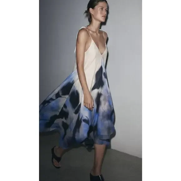 Zara Dress Womens Medium Blue White Tie Dye Maxi Ramie Summer Boho Flowy Beach - Picture 1 of 9